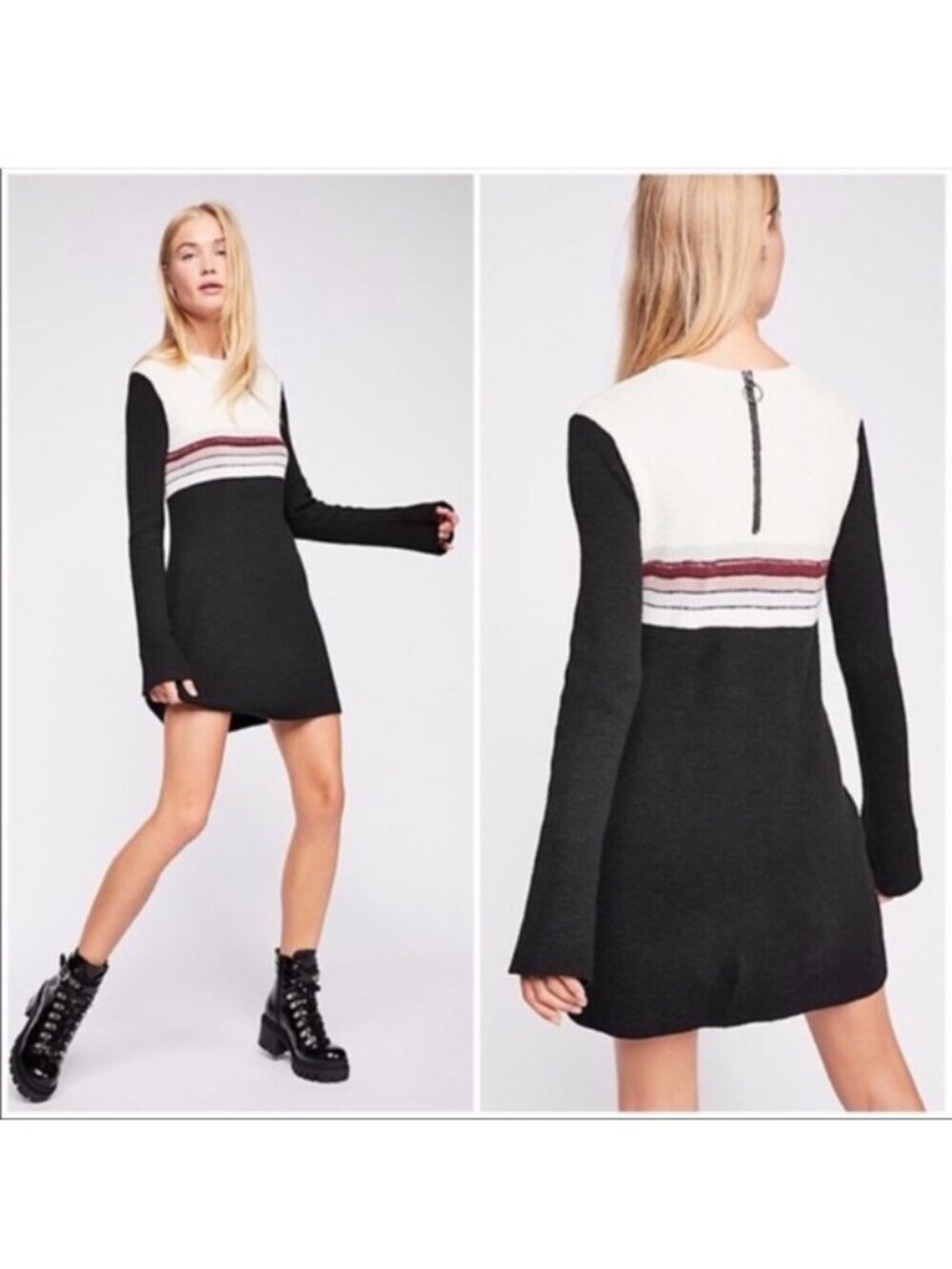 $148 Free People Sweater Dress Knit Long Flared Sleeve Color Block Black